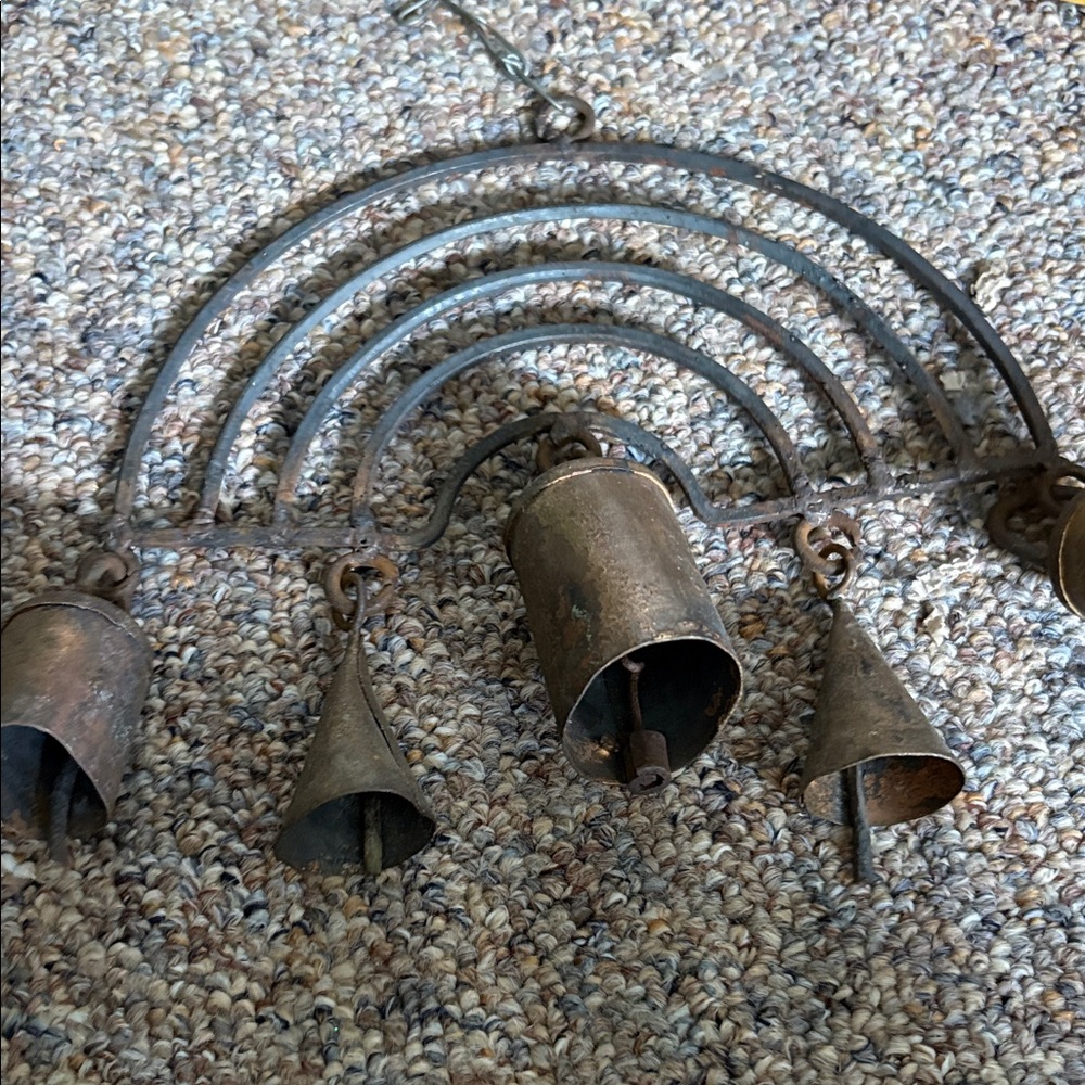 Vintage Primitive Cast Wrought Iron Figural 5 Cow Bells Wind Chime